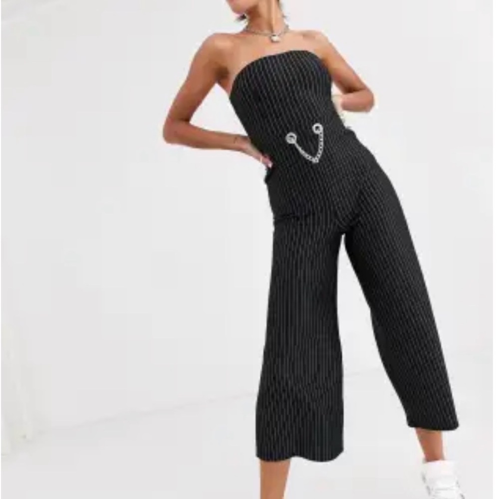 Another Reason Strapless Black Pinstripe Jumpsuit With Silver Chain View 4